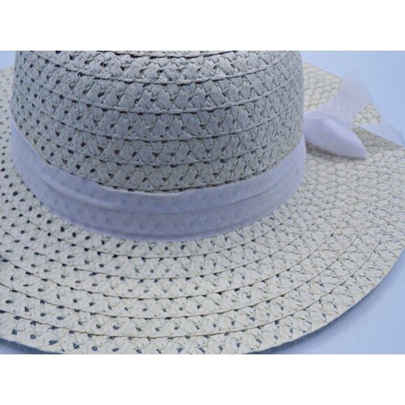 Tan Wide Floppy Brim Beach Garden Paper Straw Hat White Removable Bow Womens OSF - Picture 7 of 8
